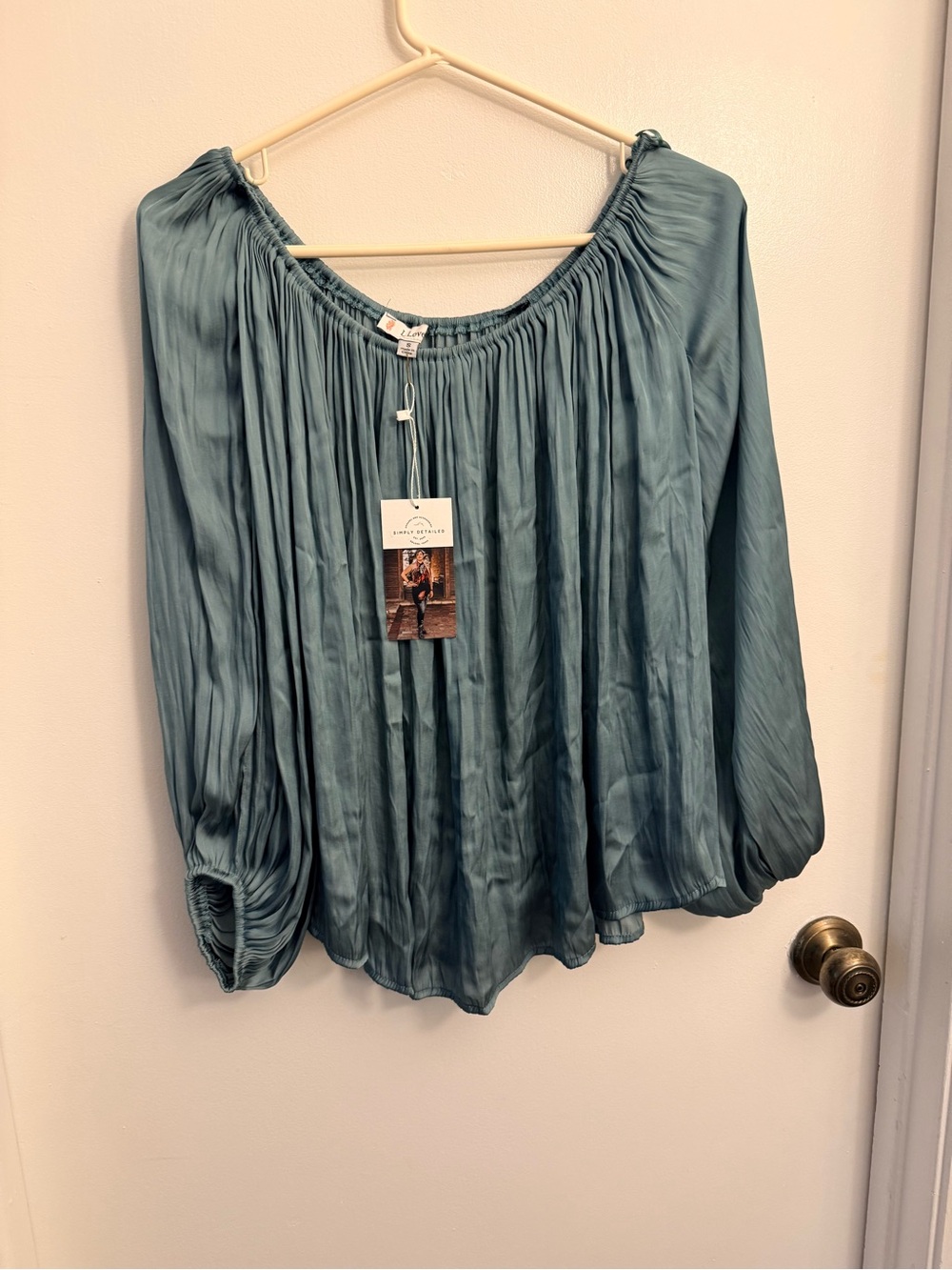 Love Dusty Teal Peasant Tunic Blouse